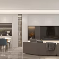 Modern Living and Dining Room Interior With Grey Sofa TV Wall Dining Table And Plants