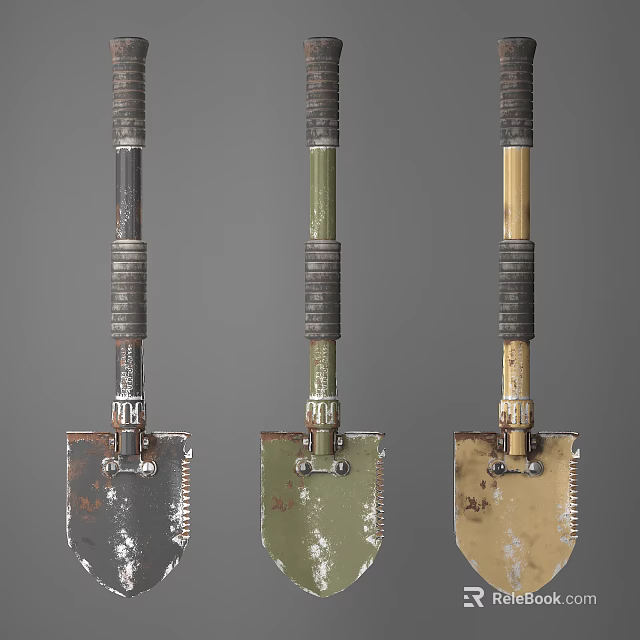 Hardware Tools Featuring Three Shovels With Different Handle Colors And Metal Blades 3d model