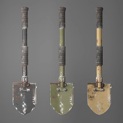 Hardware Tools Featuring Three Shovels With Different Handle Colors And Metal Blades 3d model