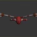 Four Armed Ape Like Creature in Decorative Warrior Attire Holding Weapons on Gray Background