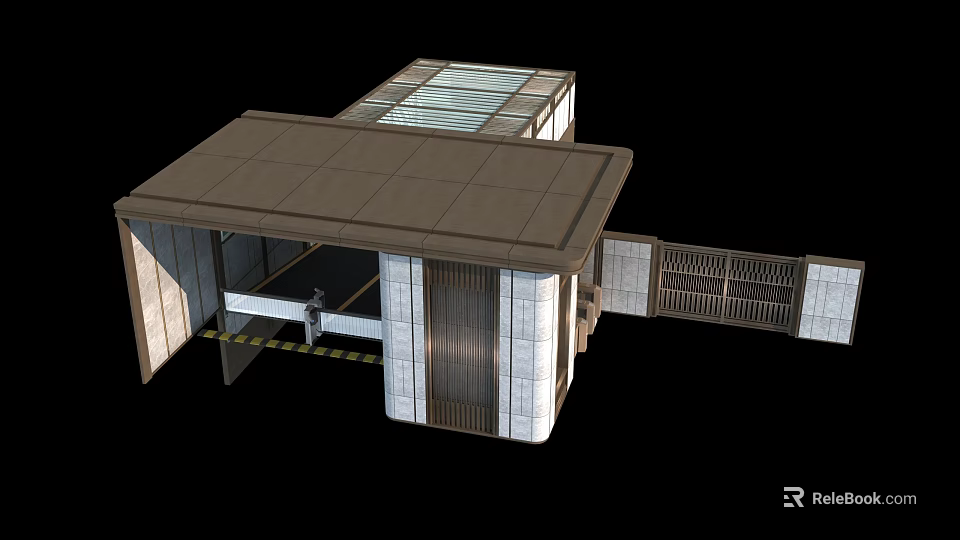 Modern Entrance Gate With Stone Pillars Metal Railings And Glass Skylight Roof 3d model 