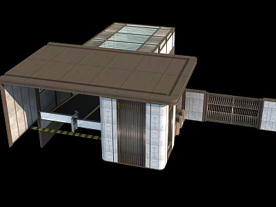 Modern Entrance Gate With Stone Pillars Metal Railings And Glass Skylight Roof 3d model