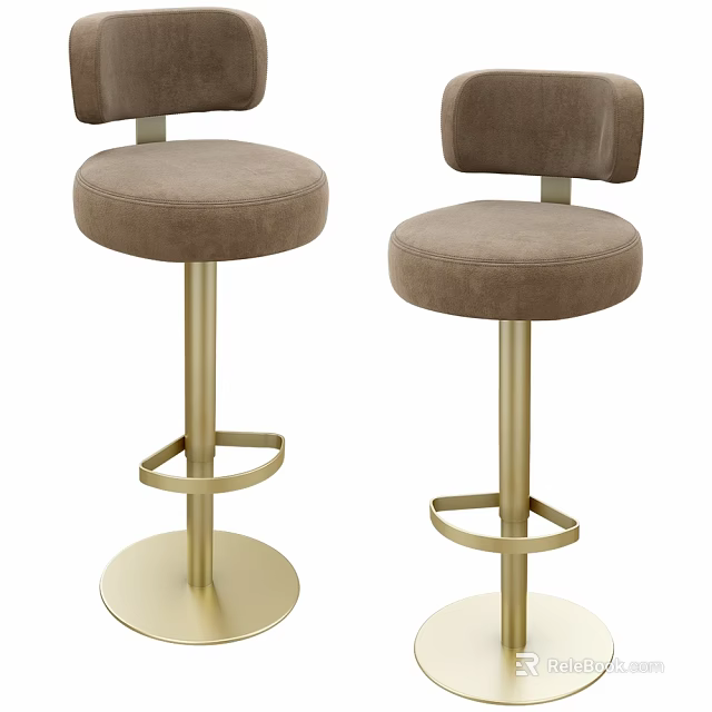 Modern Bar Stools With Velvet Upholstery Gold Metal Frame Round Base And Footrest 3d model 