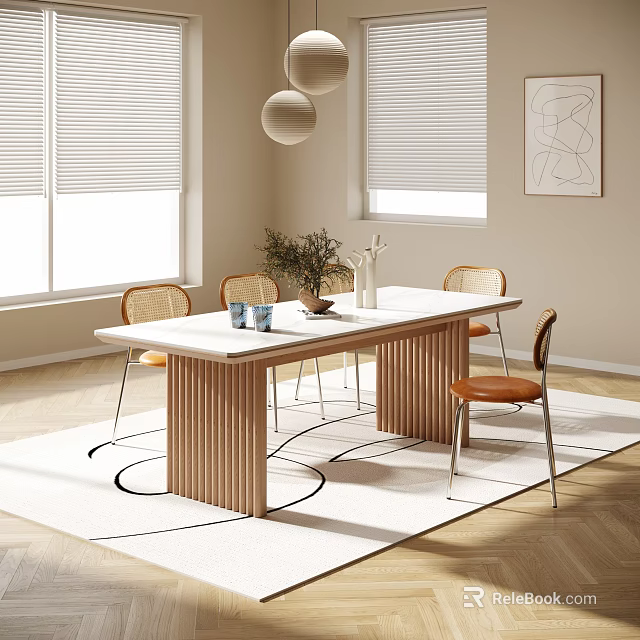 Modern Style Dining Table And Chairs With Blinds Windows Vase Plant And Rug 3d model 