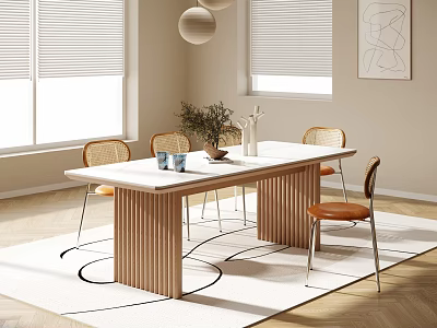 Modern Style Dining Table And Chairs With Blinds Windows Vase Plant And Rug 3d model