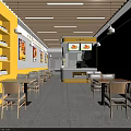 Bright Yellow Restaurant Interior with Tables Chairs Wall Posters Ceiling Light Strips and Order Counter
