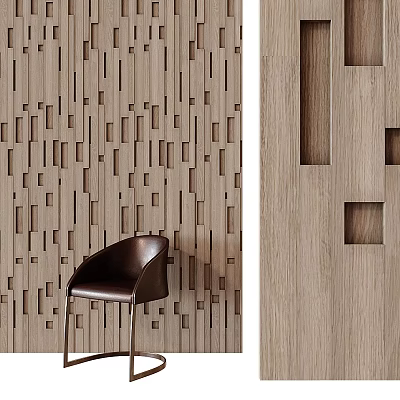 Modern Wooden Wall Paneling Featuring Geometric Cutout Design and Brown Leather Chair 3d model