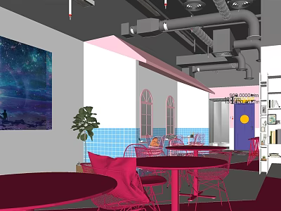 Casual Lounge Area With Red Tables Chairs Starry Sky Painting Green Plant And Blue Tiles 3d model