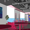 Casual Lounge Area With Red Tables Chairs Starry Sky Painting Green Plant And Blue Tiles