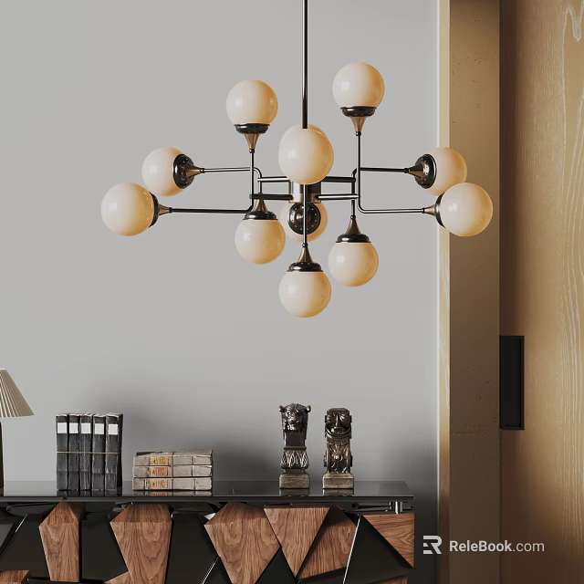Elegant Modern Chandelier With Multiple White Spherical Bulbs Metallic Frame And Decorative Statues 3d model