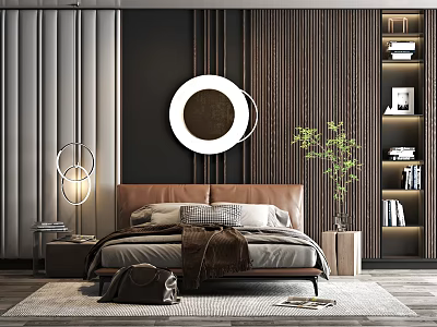 Elegant Modern Bedroom Interior With Double Bed Round Mirror And Green Plant 3d model