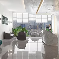 Modern Office Interior With Large Windows City Skyline Sofa Desk And Chairs