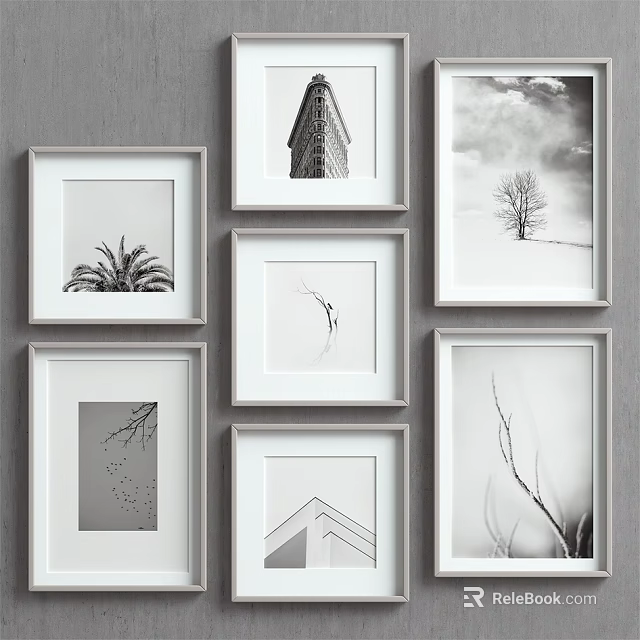 Framed Black And White Botanical Art Collection Displayed On Gray Wall 3d model 