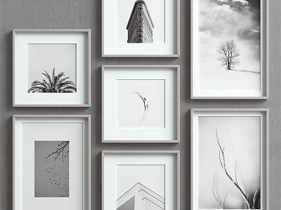 Framed Black And White Botanical Art Collection Displayed On Gray Wall 3d model