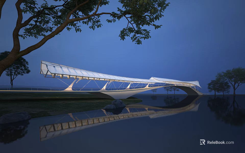 Modern Landscape Bridge With White Structure Reflection On Water And Evening Sky 3d model 