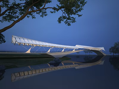 Modern Landscape Bridge With White Structure Reflection On Water And Evening Sky 3d model
