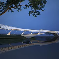 Modern Landscape Bridge With White Structure Reflection On Water And Evening Sky
