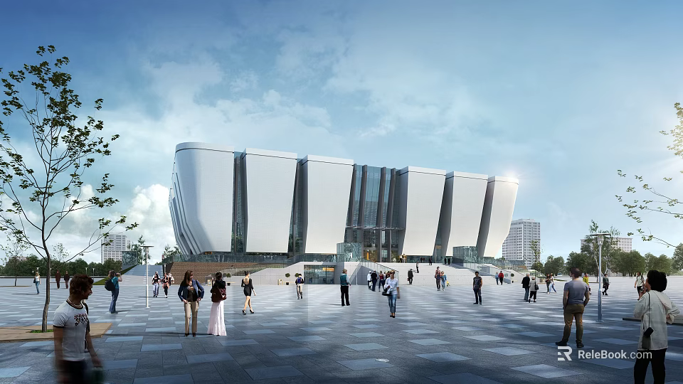 Modern White Curved Building Exterior With Open Square Crowd Activity Under Cloudy Sky 3d model