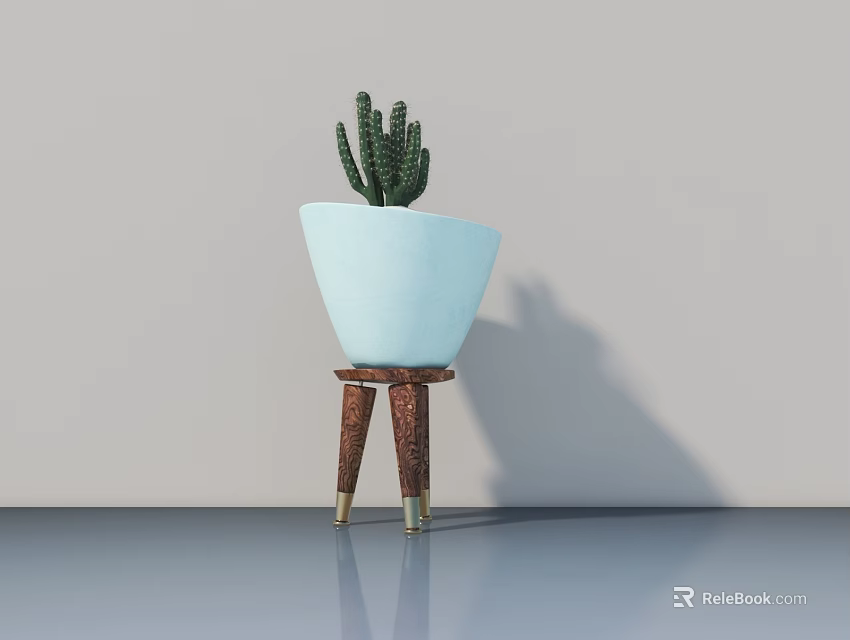 Potted Cactus Bonsai in Light Blue Pot on Brown Stand Against Gray Wall 3d model 