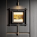 Traditional Chinese Landscape Painting on Dark Wooden Wall With Ornate Frame And Mountain Water Scenery