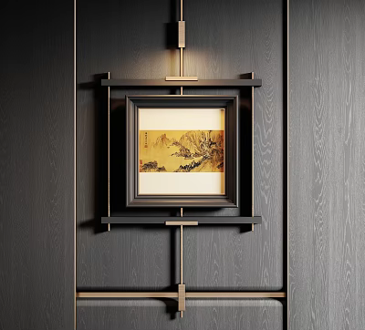 Traditional Chinese Landscape Painting on Dark Wooden Wall With Ornate Frame And Mountain Water Scenery 3d model