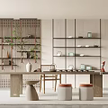 Modern Tea Room Interior Design With Wooden Shelves Tea Sets Plants And Long Table