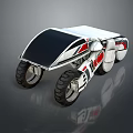 Futuristic Three Wheel Vehicle With White Body Red Accents And Black Windshield