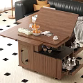 Modern Wooden Coffee Table With Storage Shelves Black Leather Sofa Geometric Rug And Potted Plant