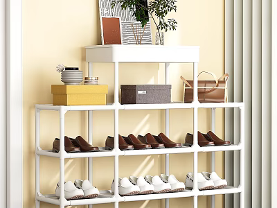 White Shoe Rack With Shelves Holding Brown White Shoes Storage Boxes Handbag And Decorative Items 3d model