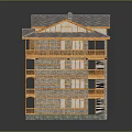 Multi Story Traditional Urban Building Complex With Wooden Balconies Stone Walls And Sloped Roofs