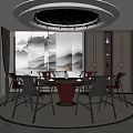Elegant Chinese Private Dining Room Interior With Round Table Chandelier Landscape Painting And Window