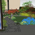 Garden Courtyard Landscape With Arched Gate Paved Patio Green Lawn And Colorful Plants
