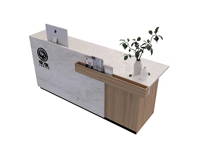 Modern Reception Desk With White And Wooden Finish Mac Computer White Vase And Green Plant 3d model