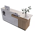 Modern Reception Desk With White And Wooden Finish Mac Computer White Vase And Green Plant