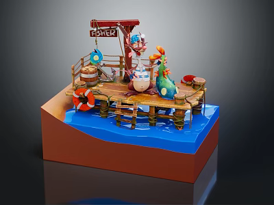 Cartoon Scene With Wooden Dock Crane Structure Playful Characters Lanterns And Barrels On Water 3d model