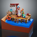 Cartoon Scene With Wooden Dock Crane Structure Playful Characters Lanterns And Barrels On Water