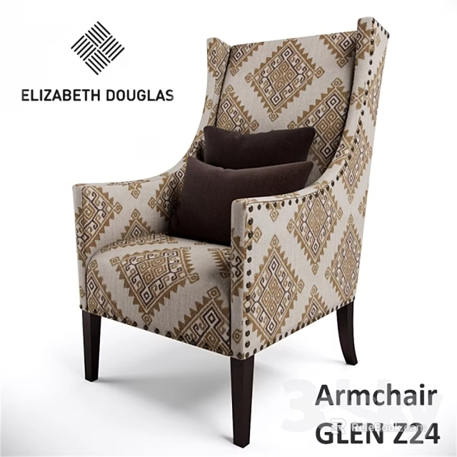 ELIZABETH DOUGLAS Classic Armchair With Geometric Pattern Fabric Dark Cushions And Studded Trim 3d model 