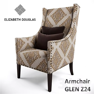 ELIZABETH DOUGLAS Classic Armchair With Geometric Pattern Fabric Dark Cushions And Studded Trim 3d model