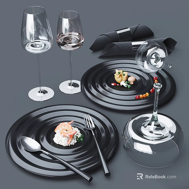 Elegant Dinnerware Set With Black Plates Transparent Wine Glasses And Metal Cutlery For Food Presentation 3d model 