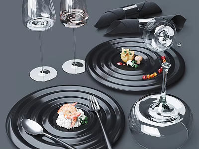 Elegant Dinnerware Set With Black Plates Transparent Wine Glasses And Metal Cutlery For Food Presentation 3d model