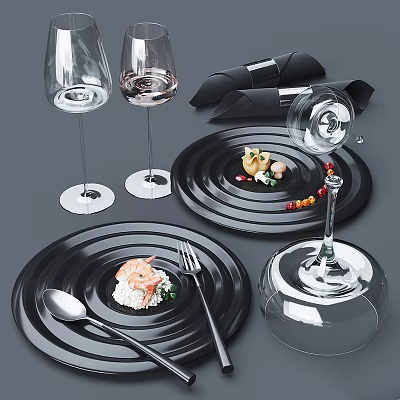 Elegant Dinnerware Set With Black Plates Transparent Wine Glasses And Metal Cutlery For Food Presentation 3d model