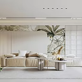 Modern Living Room Interior With Beige Sofa Tropical Plant Mural And Coffee Table