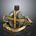 Vintage Water Canteen With Yellow Canvas Cross Straps Dark Green Worn Body Outdoor Daily Use