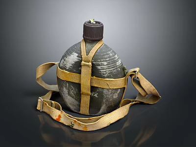 Vintage Water Canteen With Yellow Canvas Cross Straps Dark Green Worn Body Outdoor Daily Use 3d model