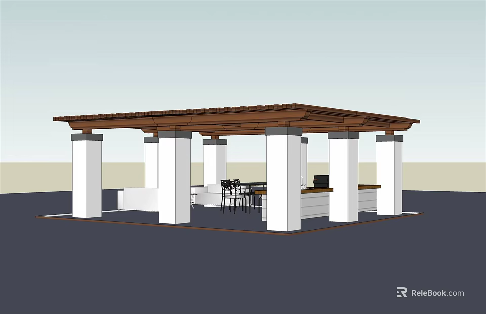 Garden Pavilion With Wooden Roof White Columns And Open Leisure Seating Design 3d model 