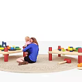 Two Kids Tables with Colorful Blocks and Child Playing on a Rug