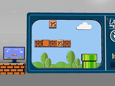 Interactive Zone With Retro Pixel Game Scene Bricks Clouds Green Pipe On TV And Monitor 3d model