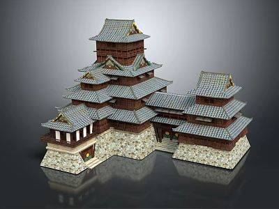 Traditional Multi story Architecture With Multiple Tile Roofs Wooden Structure And Stone Base 3d model