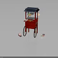 Red Vintage Popcorn Cart With Blue Canopy Glass Display And Popcorn Buckets