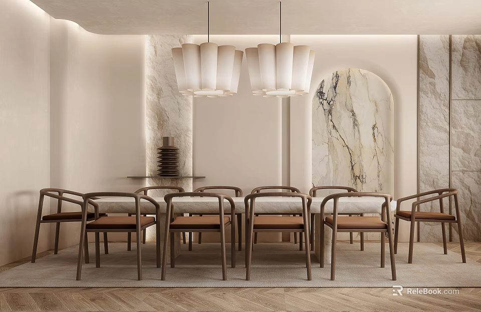 Elegant Restaurant Interior Design With Long Dining Table Wooden Chairs Pendant Lights And Marble Walls 3d model 